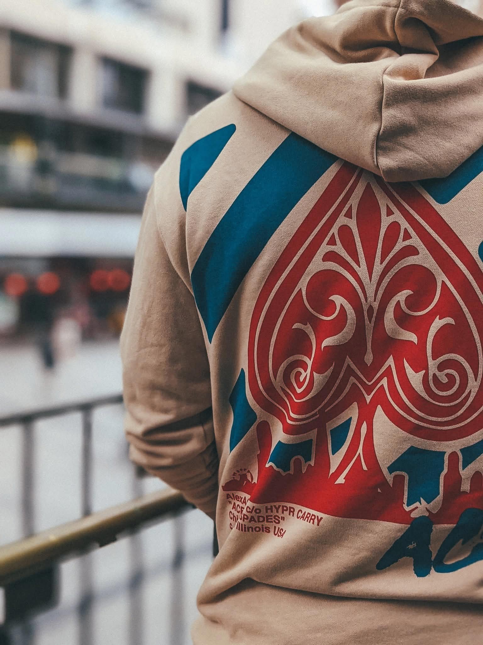 Ace of Spades hoodie c/o HYPR Carry, back print detail on the street