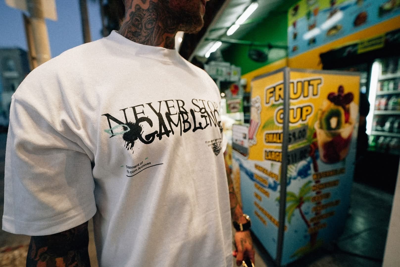 Never Stop Gambling tee from the Cooked archives, a HYPR produced merch drop